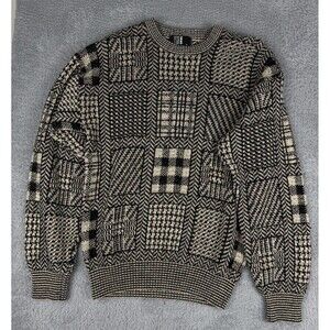 Vintage TSR Patchwork Knit Sweater Mens M 90s Geometric Grandpa Textured Crew
